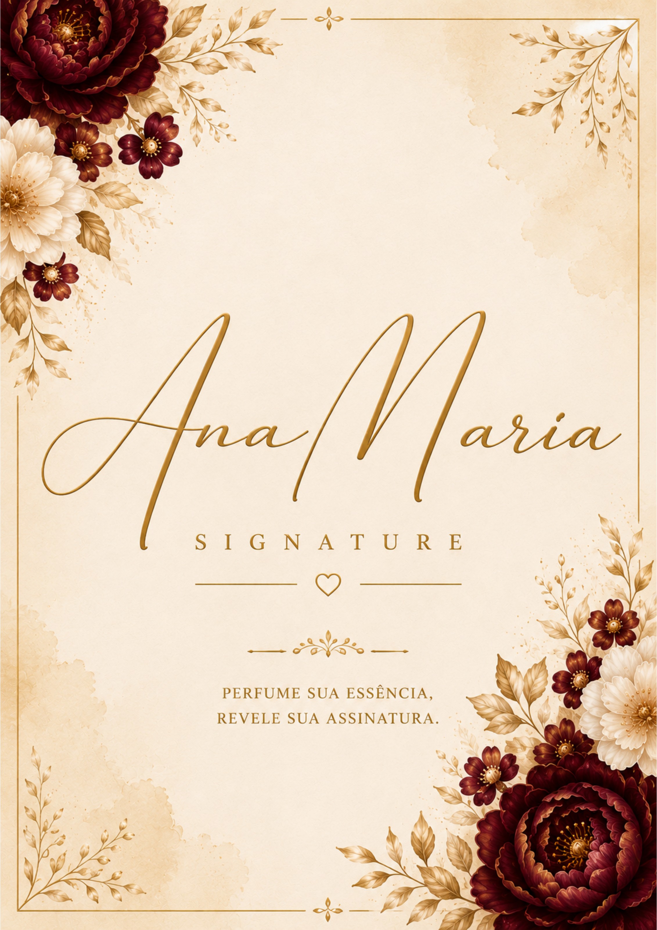 Capa do catálogo Ana Maria Signature com peônias bordô e logotipo dourado